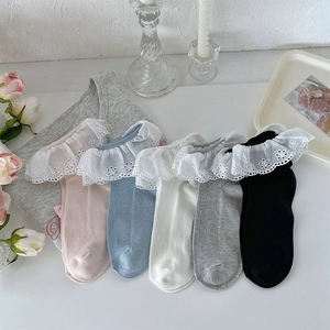 Women Lace Ruffle Socks Lolita Style Cotton Blend Ribbed Sweet Princess Solid Color Breathable Soft