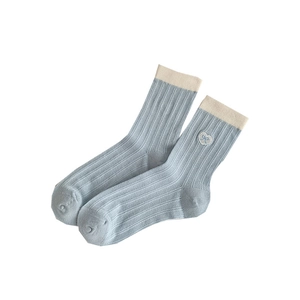 Light blue heart embroidery ribbed crew socks with beige cuffs for women in ballet style