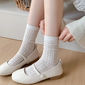 Detail of cream pointelle mesh socks paired with white Mary Jane shoes in Japanese style