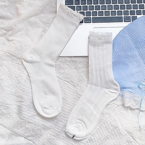 Detailed view of white lace trim socks with vertical stripes and wave knit patterns