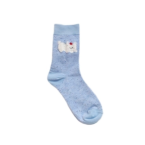 Cute light blue mid-calf socks with puppy embroidery and ribbed cuffs for women