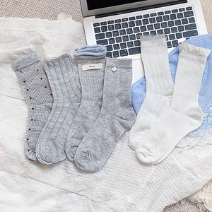 Women Crew Socks Cotton Blend Lace Trim Heart Polka Dot Ruffled Ribbed Knit Japanese Style Kawaii Sweet Breathable