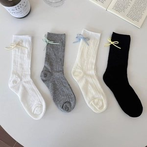 Women Crew Socks Cotton Bow Tie Hollow Out Mesh Breathable JK Style Sweet Korean Fashion Daily Dress Hosiery