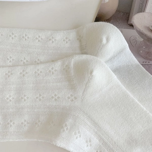 Close-up of white hollow-out knit socks with delicate floral mesh and ribbed texture