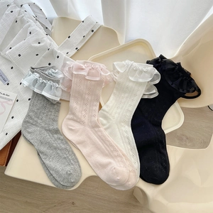 Women Lace Trim Socks Cotton Hollow Out Mesh Breathable Lolita Style Sweet Mid Calf Fashion Socks