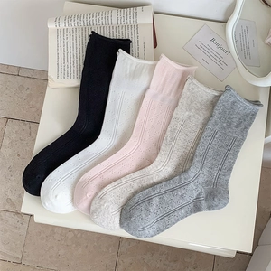 Women Mid Calf Socks Pointelle Hollow Out Cotton Breathable Lettuce Edge Soft Sweet Japanese Korean Style