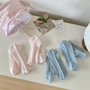 Detailed view of hollow pointelle knit socks with elegant ruffle cuffs in pastel colors