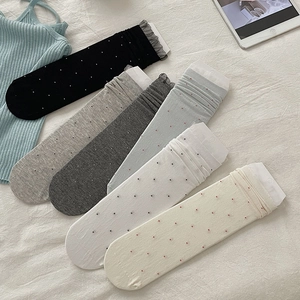 Set of 6 pairs of polka dot crew socks with lace trim in assorted soft pastel colors