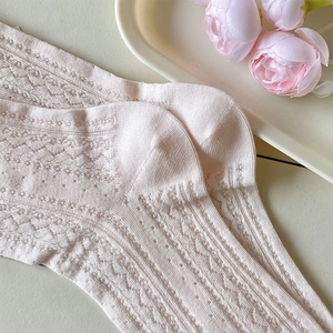 Gros plan de chaussettes en dentelle rose pâle avec motif résille et détails tricotés