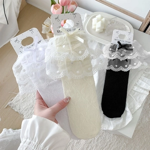 Detailed lace trim socks with polka dot mesh and satin bows in three elegant colors