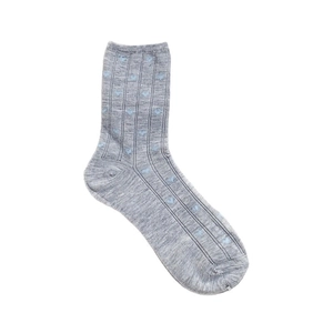 Grey ribbed mid-calf socks with light blue heart pattern and lace trim for women