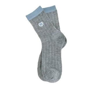 Hollow out bow embroidery mesh socks in light grey with blue rib knit cuffs