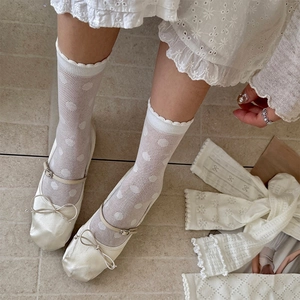 Close-up of white mesh crew socks with polka dots and ruffled edge detail for women