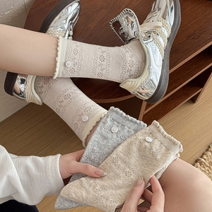 Detailed texture of lace mesh socks with vintage ruffle cuff and decorative button