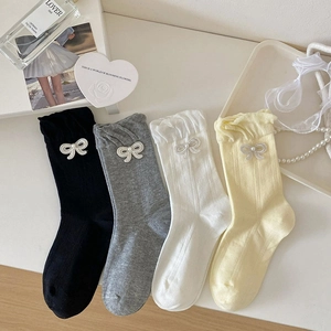 Süße Socken Für Damen Wadenhoch Baumwollmischung Gerippt Mit Schleife Und Kunstperle Koreanischer JK Stil Lolita