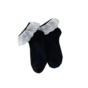 Japanese style Lolita socks in black cotton with white lace ruffle and flower embroidery