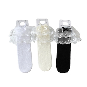 Sweet polka dot lace socks with bows in white and black breathable mesh knit fabric