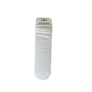 White knit mesh crew socks with hollow diamond pattern and ruffles for children