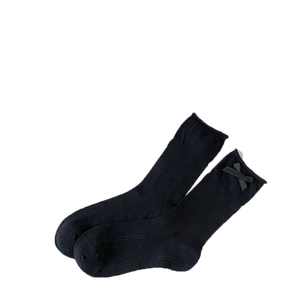 Ballet style black mid-tube socks with cute bows and breathable mesh for women