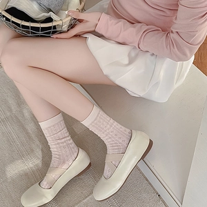 Hollow mesh breathable ankle socks in beige paired with white Mary Jane flat shoes