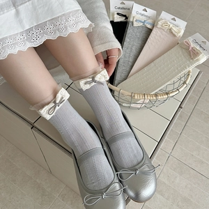 Breathable lace trim crew socks with ribbon bows in multiple colors for women