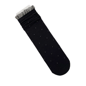 Ballet style black polka dot socks with grey lace ruffle trim and mesh detailing