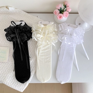 Lolita Calf Socks Double Layer Lace Trim Bowknot Nylon Hollow Out Mesh Sweet Style Women Girls