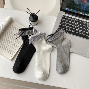 Chaussettes Pour Femmes Mélange Coton Bordure À Volants À Carreaux Nœud Respirant Style Japonais Lolita Collège