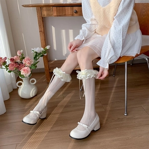 White Lolita knee-high socks with double-layered lace, satin bows, and vertical ribbing