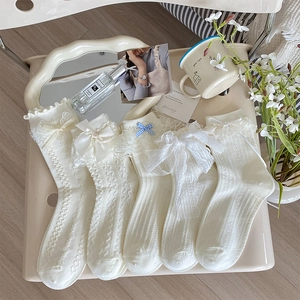 Chaussettes Lolita Dentelle Noeud Style Princesse Douce Japonaise Mélange Coton Tube Moyen Frilly Femmes