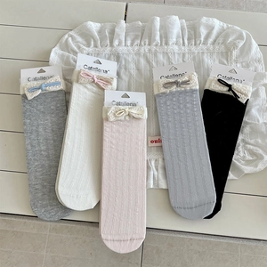 Sweet Girls Crew Socks Lace Trim Ribbon Bow Ribbed Cotton Blend Breathable Japanese Style
