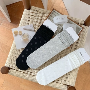 Detailed knit of slouch socks with hollow flower patterns in black, grey, and white