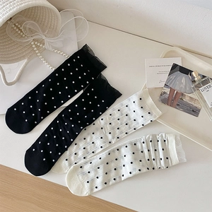 Détail de chaussettes à bordure en dentelle avec pois classiques noir et blanc