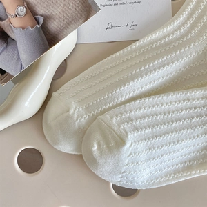 Vue détaillée des chaussettes Lolita blanches avec motifs ondulés ajourés en tricot