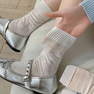 Detail of white mesh socks with diamond hollow patterns and elastic ribbed cuffs
