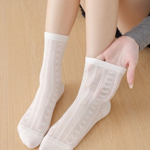 Detail showing the elastic cuff and heart mesh pattern of white mid-calf socks
