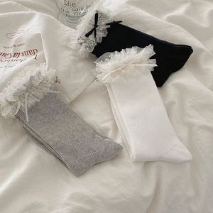 Chaussettes Mi-Mollet Femme Coton Avec Dentelle Mesh Volants Noeud Papillon Tricot Côtes Style Lolita JK