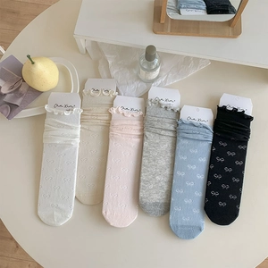 Chaussettes Mi-Mollet Femmes Coton Respirant Nœud Jacquard Bord À Volants Style Doux Lolita Mode Japonaise