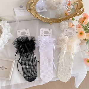 Women Lolita Fishnet Socks Lace Ruffle Trim Ribbon Bowknot Calf High Mesh Stockings Japanese Sweet Style