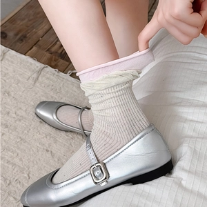 Detail of Korean style dot yarn socks with pink frill cuff and silver Mary Jane shoes