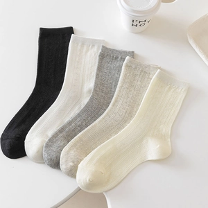 Detail of five-color mesh socks set with vertical ribbing and hollow diamond patterns