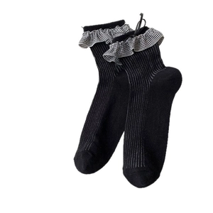 Chaussettes japonaises en coton noir avec volants vichy et nœud doux décoratif