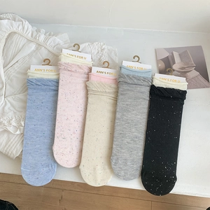 Women Mid Calf Socks Cotton Ribbed Confetti Speckled Yarn Ruffled Lettuce Edge Sweet Korean Style Breathable Fashion