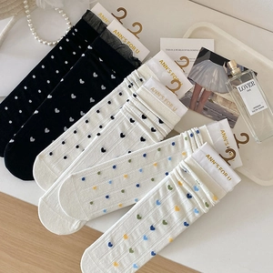 Chaussettes Mi-Mollet Femmes Mélange Coton Dentelle Maille Cœur Pois Style Japonais Respirant Mode Décontractée