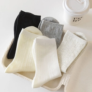 Detail of five colors mesh knit socks with heart patterns in a sustainable tray