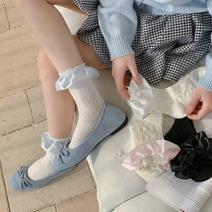 Detail of ruffle trim knit socks with diamond patterns and silky frill edges