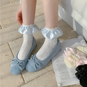 Detail of lace socks with satin ruffles paired with blue ballet flats in a soft aesthetic