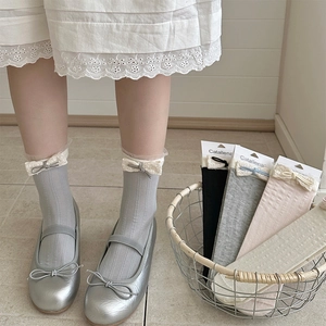 Detailed texture of cotton socks with lace edges and cute bow decorations