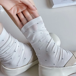 Close-up of white mesh lace socks with black polka dots styled with Mary Jane shoes