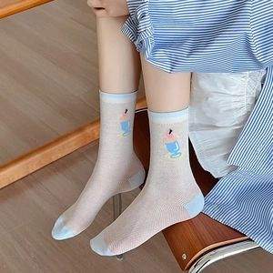 Breathable mesh crew socks for women featuring cute cartoon ice cream pattern on white fabric